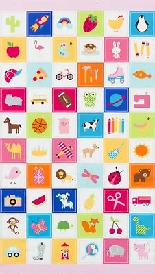 23.5  X 44  Panel I Spy Patches Pictures Squares Kids Pink Cotton Fabric D363.47 • $9.49