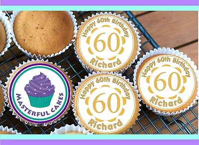 24 PERSONALISED GOLD 60th BIRTHDAY CUPCAKE TOPPER RICE WAFERICING OR PRE CUT • £3.45