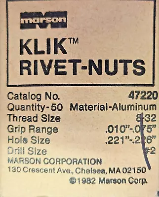 Marson Aluminum Poly-Nut Rivet-Nuts 8-32 Qty 50 47220 • $12.99