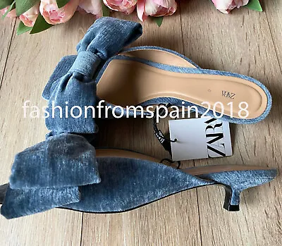 Zara New Woman Velvet Mules With Bow Shoes  Blue 36-41 1320/310 • $59.88