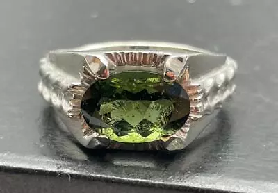 3.275 Ct Moldavite Tektite .925 Sterling Silver Mens Deco Ring Sz 11 Usa 6+gr • $345