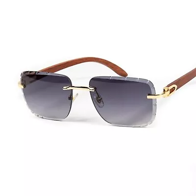 Mens Purple Gradient Tint Rimless Gold Frame Woodgrain Gem Cut Sunglasses • $15.99