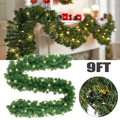 9FT Pre Lit Christmas Garland With LED Lights XMAS Fireplace Stairs Door Wreath • $28.59