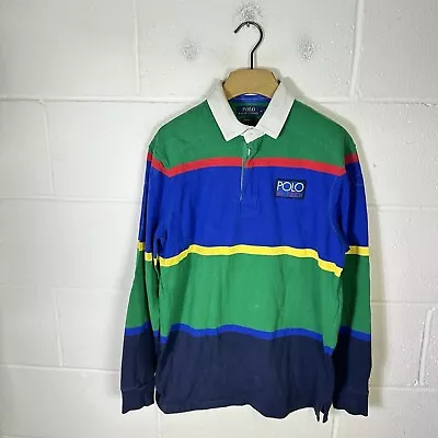 Ralph Lauren Rugby Shirt Mens Medium Blue Green Hi Tech Colourblock Striped Polo • £43.95