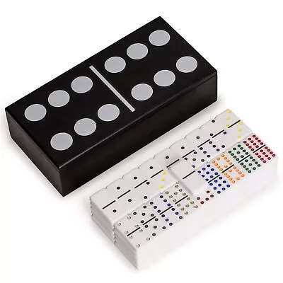 Double 12 Colored Pips/Dots Dominoes In Black Lacquer Case - 91 Tile Set • $56.86