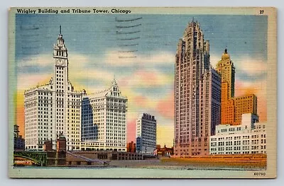 Wrigley Building Tribune Tower Chicago Postmark 1946 Marshalltown Iowa Postcard • $7