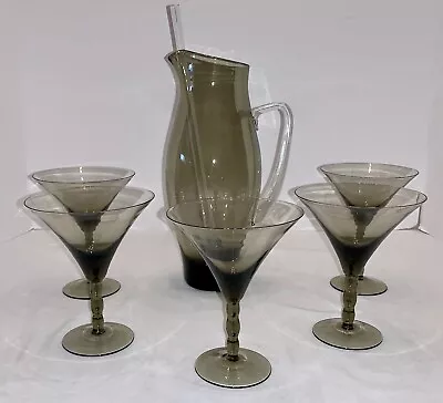 MCM Hand Blown SMOKED MARTINI PITCHER W/STEMMED GLASSES & STIRRER Cocktail • $79.99