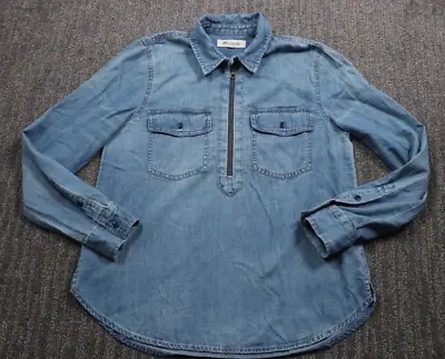 Madewell Zip Front Popover Chambray Denim Long Sleeve Shirt 2 Pocket Women's S • $22.29