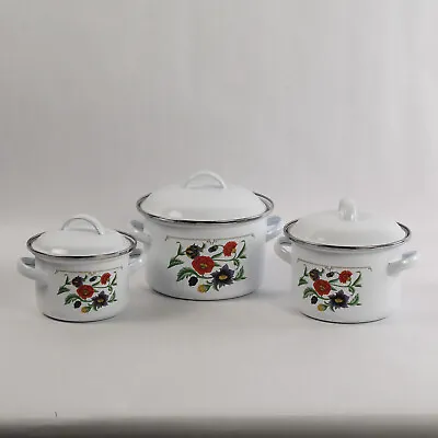 Vintage Set Of 3 Floral Print GMI Enamelware Metal Containers Pots With Lids • $25