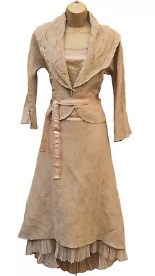 12 UK Luis Civit Vintage Beige Linen Lace 3 Piece Outfit Skirt Top Jacket • £49.99