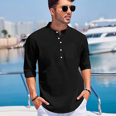 Mens Linen Beach Shirts Solid Loose Casual Shirt Blouse Top Cotton Summer Tee US • $15.99