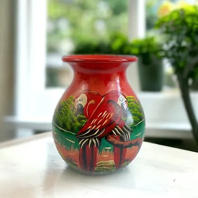 Vintage Tropical Parrots Red Vase Pottery Handmade In Peru • $50