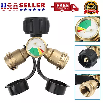 Propane Tank Y Splitter Adapter 2 Way LP Gas Tee Connector With Gauge • $17.79