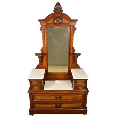 Antique Victorian Burl Walnut Marble Top Drop Center Dresser #21735 • $985