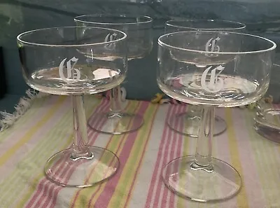 Set Of 4 Etched Monogram Initial G Pedestal Wine Cocktail Glasses Vintage Bar • $20