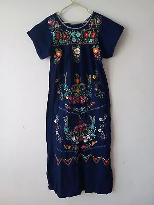 Vtg Embroidered Mexican Traditional Long Dress Navy Blue Size  S / M  • $9.99