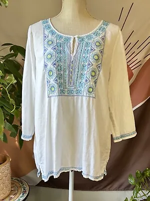 J Jill Tunic Top Womens Size M White 3/4 Sleeve Embroidered Bohemian Linen • $24.99