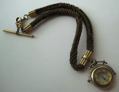 ANTIQUE Victorian Braided Hair MOURNING BRACELET Compass Watch Fob Gold Filled • $110