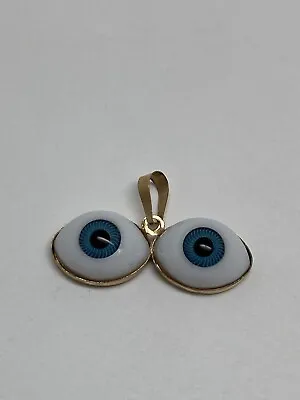 $109 • Buy 14K Yellow Gold Two Eye Eyeball Charm Pendant Unique Evil Eye Blue Eyes