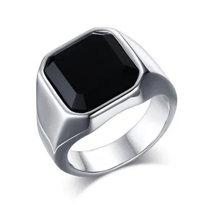Stainless Steel Signet Rings With Black Agate For MenPinky Ring For Dad Father • $8.99