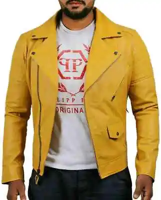 Original Soft Lambskin Leather Jacket Yellow Stylish Handmade Biker Motorcycle • $133.50