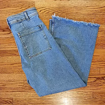 Zara Womens Blue Denim Stretch Jeans Size 10 Wide Flare Leg Raw Edge Medium Wash • $21