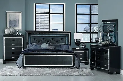 Modern 5 Piece Queen King LED Light Bedroom Set In Glossy Black & Mirrored IA4O • $2336.78