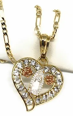 Virgen De Guadalupe Medalla Pendant Necklace 24” Corazon Cadena Oro Laminado • $19.99