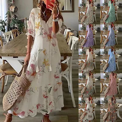 Plus Size Womens Printed Long Maxi Dress Ladies V-Neck Loose Summer Sundress US • $24.69