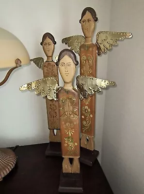 Vtg X3 Unique Mexican MEXICO Folk Art Hand-painted CARVED WOOD & TIN Tall ANGELS • $135