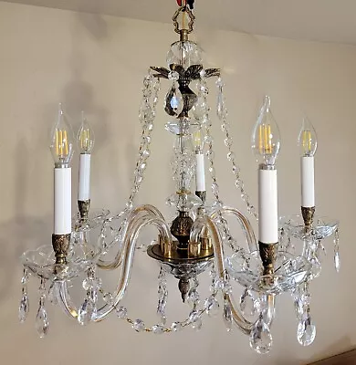 Vintage Spanish Brass And Crystal Prism Chandelier 5 Arm • $275