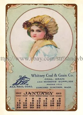 1912 Calendar Coal Grain Co. Concord Junction MA Metal Tin Sign Chic Home Decor • £18.19