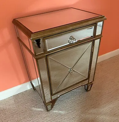 Mirrored End Table/cabinet/nightstand W/gold Wood Accents • $45