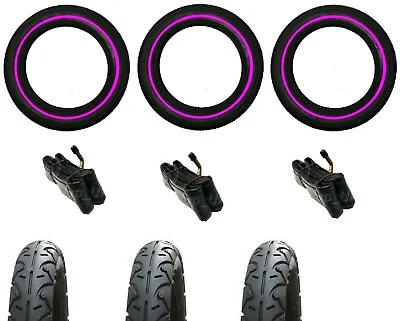 3 X JANE POWERTRACK 360 3 X 12  Pram Tyres & 3 X Bent Valve Tubes - PINK LINE • £41.03