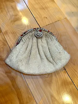 Antique/Vintage  White Hand Beaded French Purse  With Hand-beaded Gilded Clasp • $75