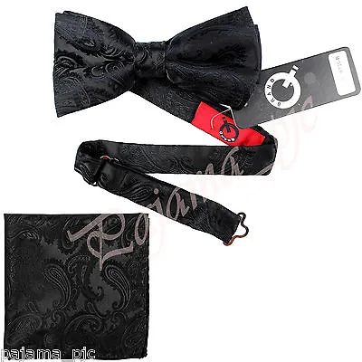 BLACK Paisley Pre-tied Bow Tie And Pocket Square Hanky Set Formal Party Wedding • $11.89