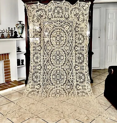 ANTQ Italian Venetian Point De Venice Needlelace Ecru Banquet Tablecloth 64x120  • $745