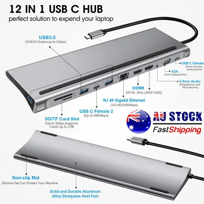 $67.98 • Buy 12 In 1 Laptop Docking Station Type-C HDMI 4K VGA PD USB 3.0 Hub For MacBook AU