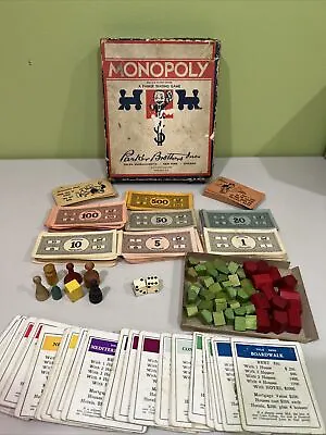 Vintage 1936 MONOPOLY Game Set - Money Wooden Pieces Cards Box - No Board • $29.99