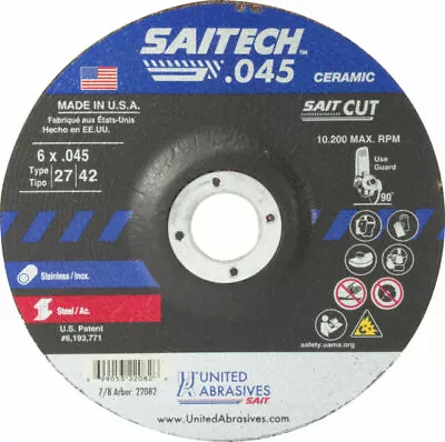 United Abrasives 22082 6x.045x7/8 Saitech .045 Ceramic Cutting Wheels 50 Pack • $158.50