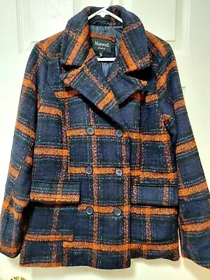 Maxwell Studio Double Breasted A Line Navy And Orange Plaid Coat - NWT • $54
