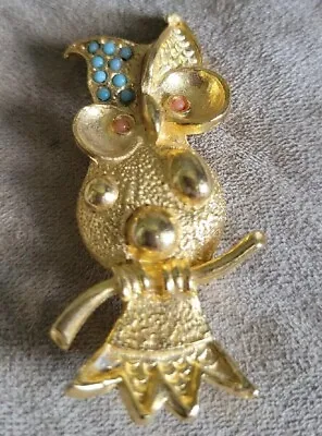 VINTAGE  OWL GOLD TONE PIN BROOCH With Turquoise Colored Ear Coral EYES • $5