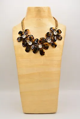 J.Crew Statement Necklace Tortoise Floral Flowers Rhinestone Chunky Gold Bin1D • $31.99