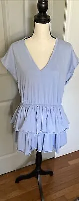 Zara Tiered V Neck Mini Dress Size Large Blue Short Sleeve Elastic Waist  • $29.99
