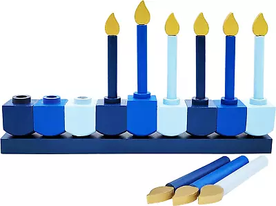 Hanukkah Children'S Wooden Chanukah Menorah Dreidel Design With Removable Candl • $25.62