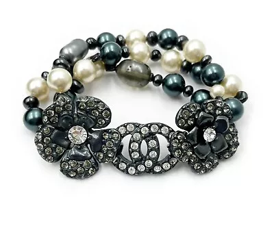 Chanel Vintage Rare Gunmetal CC Flower Crystal Grey Pearl 3 Strand Bracelet • $1439