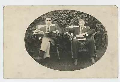 Vintage RPPC Duo Dapper Men Rockers Garden Reading Paper Suits Boater Hat 1910s • $10.99