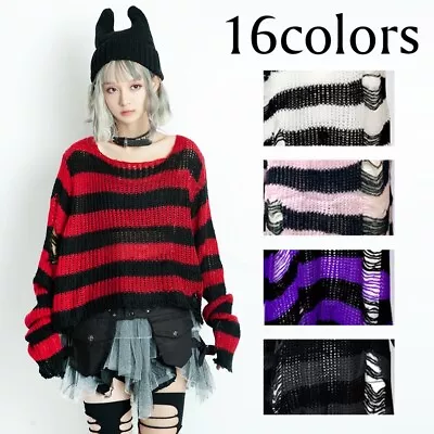 Punk Miyavi Visual Kei Grunge Band Striped Distressed Knit Sweater J1Z3006 • $23.99