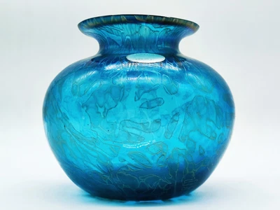 £25 • Buy Vintage Art Glass Iridescent Aqua Blue Gold Studio Signed Royal Brierley Vase 