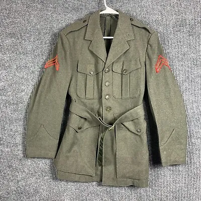 VTG Military Coat Mens Small S Green Wool USMC Marines WW2 Pockets USA Belted • $39.95